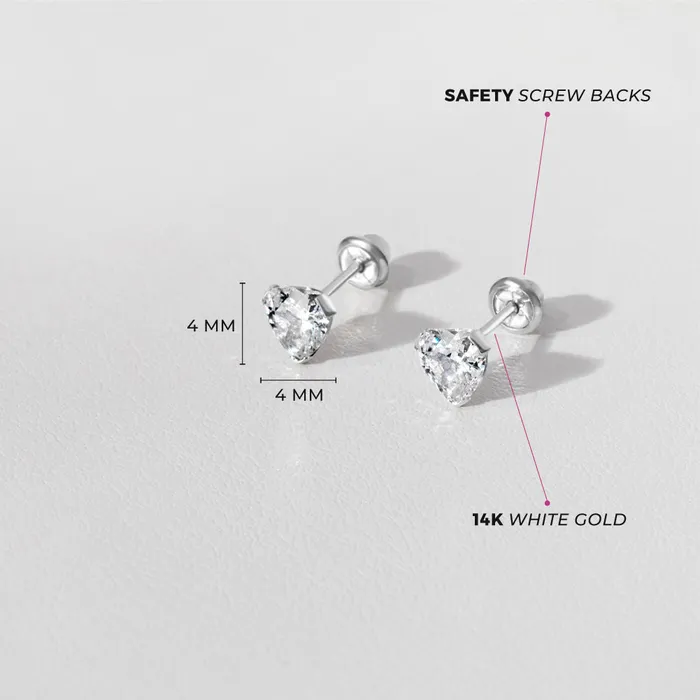 Baby Screw Back Earrings Earrings 14k White Gold Delicate Cubic Zirconia Heart 4mm Kids Childrens Girls Earrings Screw Back