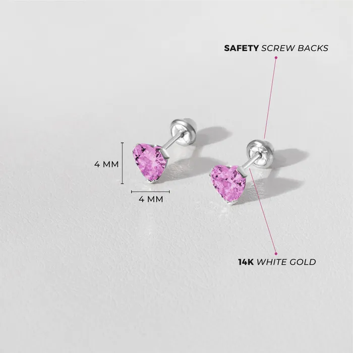 Baby Screw Back Earrings Earrings 14k White Gold Delicate Cubic Zirconia Heart 4mm Kids Childrens Girls Earrings Screw Back