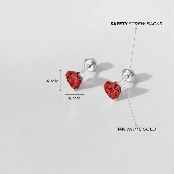 Baby Screw Back Earrings Earrings 14k White Gold Delicate Cubic Zirconia Heart 4mm Kids Childrens Girls Earrings Screw Back