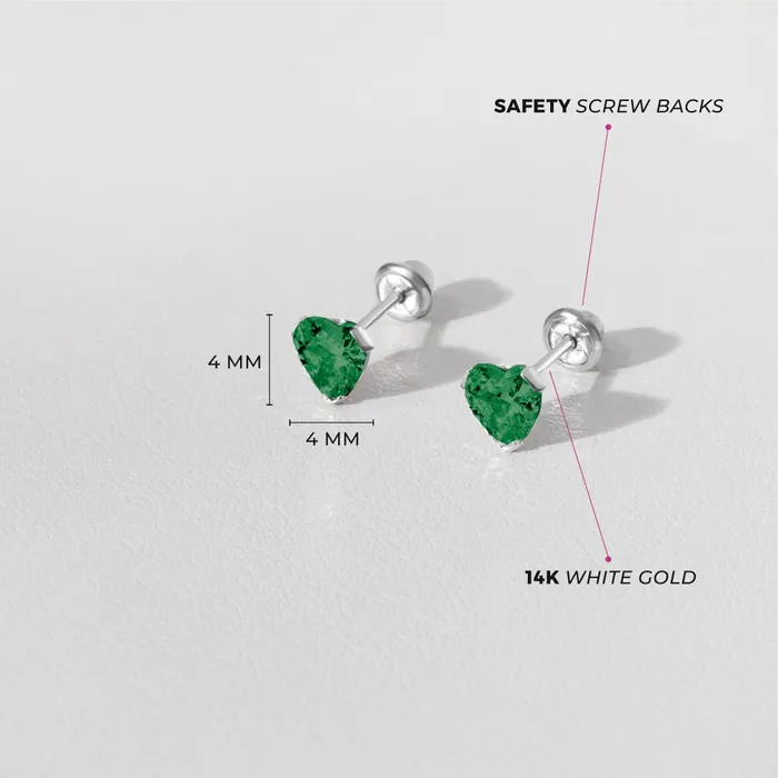 Baby Screw Back Earrings Earrings 14k White Gold Delicate Cubic Zirconia Heart 4mm Kids Childrens Girls Earrings Screw Back