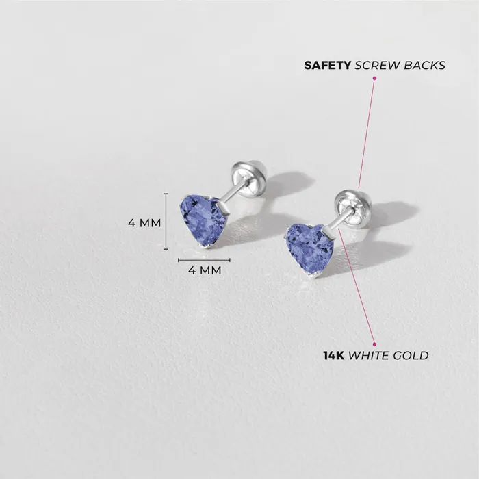 Baby Screw Back Earrings Earrings 14k White Gold Delicate Cubic Zirconia Heart 4mm Kids Childrens Girls Earrings Screw Back