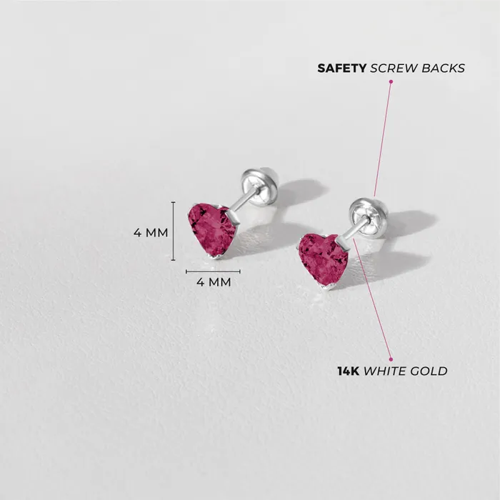 Baby Screw Back Earrings Earrings 14k White Gold Delicate Cubic Zirconia Heart 4mm Kids Childrens Girls Earrings Screw Back