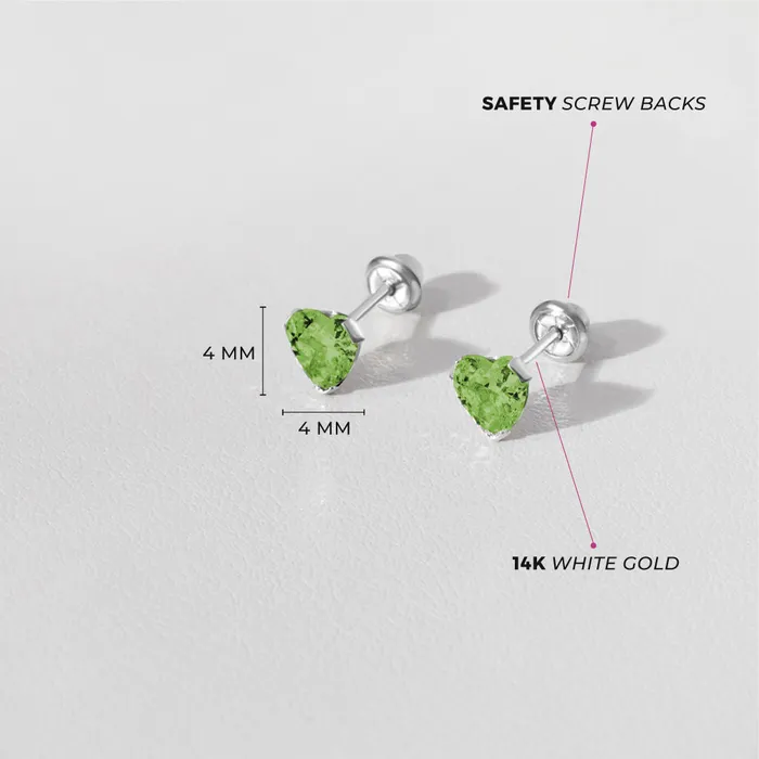 Baby Screw Back Earrings Earrings 14k White Gold Delicate Cubic Zirconia Heart 4mm Kids Childrens Girls Earrings Screw Back