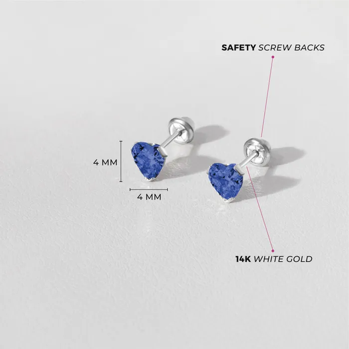 Baby Screw Back Earrings Earrings 14k White Gold Delicate Cubic Zirconia Heart 4mm Kids Childrens Girls Earrings Screw Back