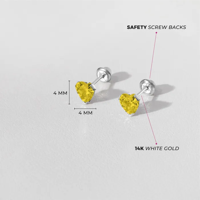 Baby Screw Back Earrings Earrings 14k White Gold Delicate Cubic Zirconia Heart 4mm Kids Childrens Girls Earrings Screw Back