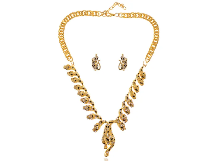 Black Enamel Leopard Cheetah Cat Earring Necklace Set Alilang Necklaces