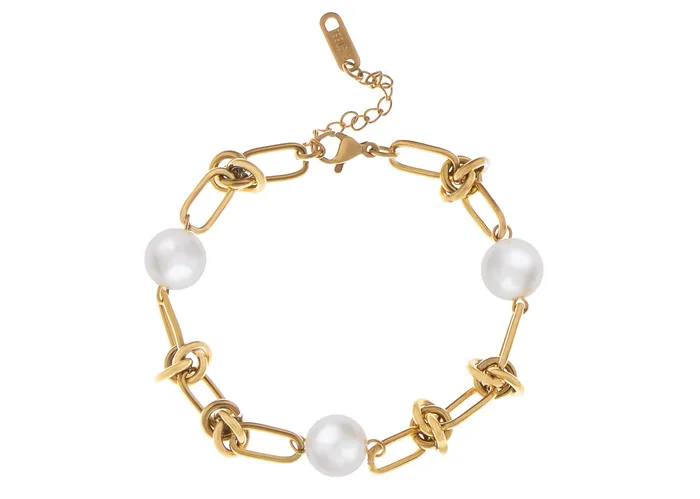Bracelets ALILANGCOM 18K GoldPlated Pearl Link Bracelet Stainless Steel Pearl Bead Chain Bracelet Boho Chic Jewelry for Valentines Day Birthdays