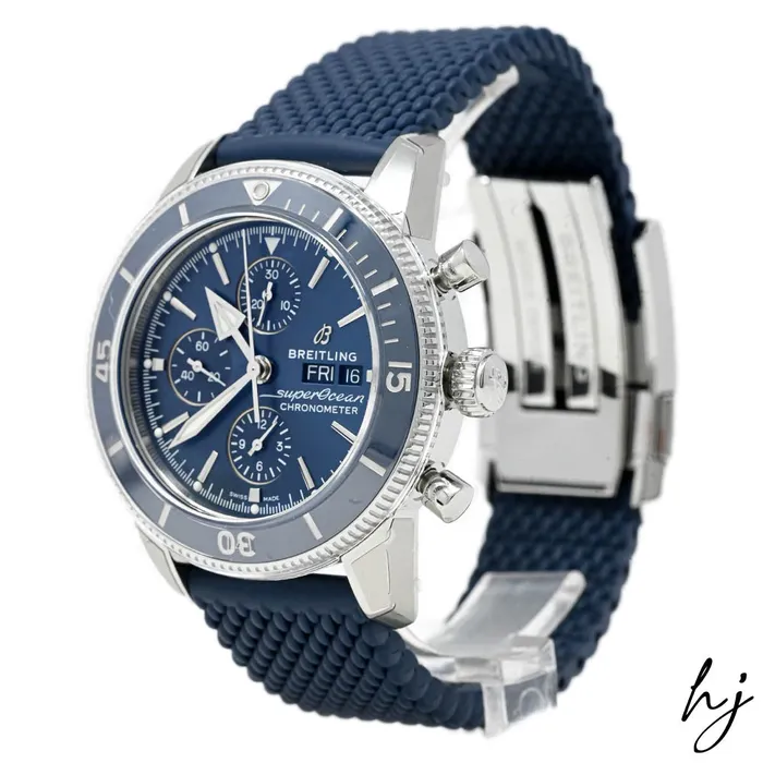 Bracelets Breitling Mens Superocean Heritage Stainless Steel 44mm Blue Chronograph Dial Watch Reference A13313 Happy Jewelers