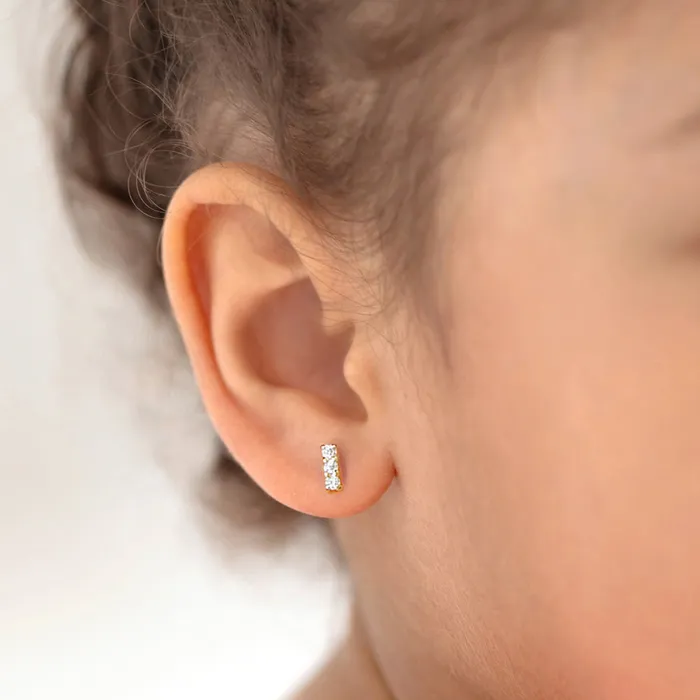 Earrings 14k Gold Clear CZ Bar Toddler Kids Girls Earrings Safety Screw Back Kids Screw Back Earrings