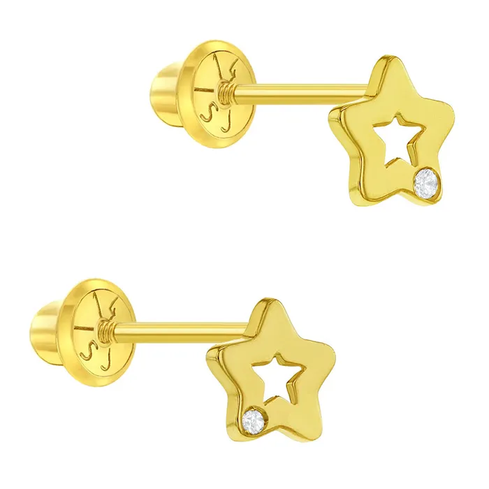 Earrings Baby Final Sale 14k Gold Genuine Diamond Open Star Baby Toddler Kids Earrings Safety Screw Back