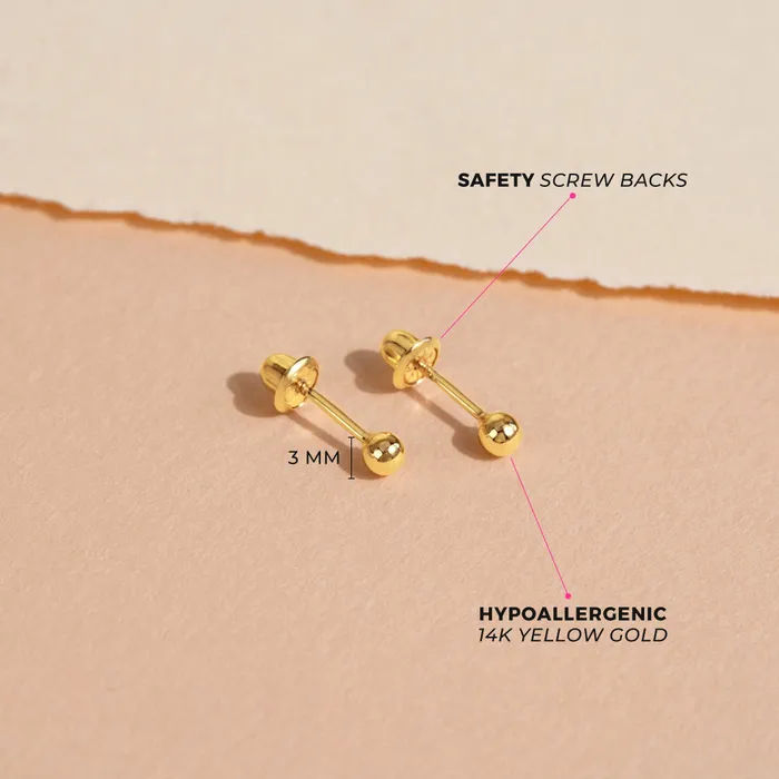 Earrings Baby Screw Back Earrings 14k Gold Classic Ball 36mm Baby Toddler Kids Earrings Safety Screw Back