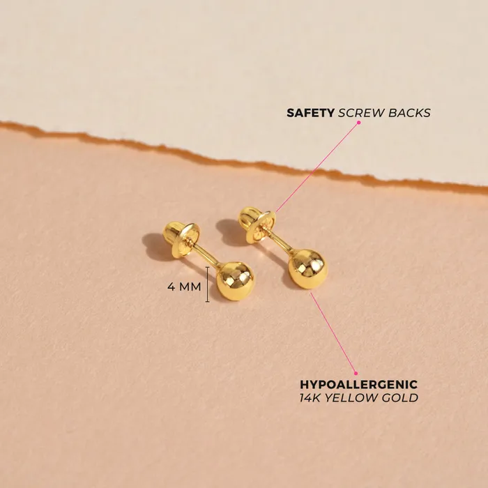 Earrings Baby Screw Back Earrings 14k Gold Classic Ball 36mm Baby Toddler Kids Earrings Safety Screw Back