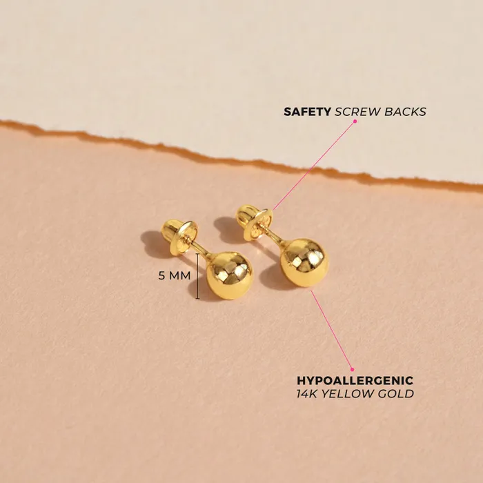Earrings Baby Screw Back Earrings 14k Gold Classic Ball 36mm Baby Toddler Kids Earrings Safety Screw Back
