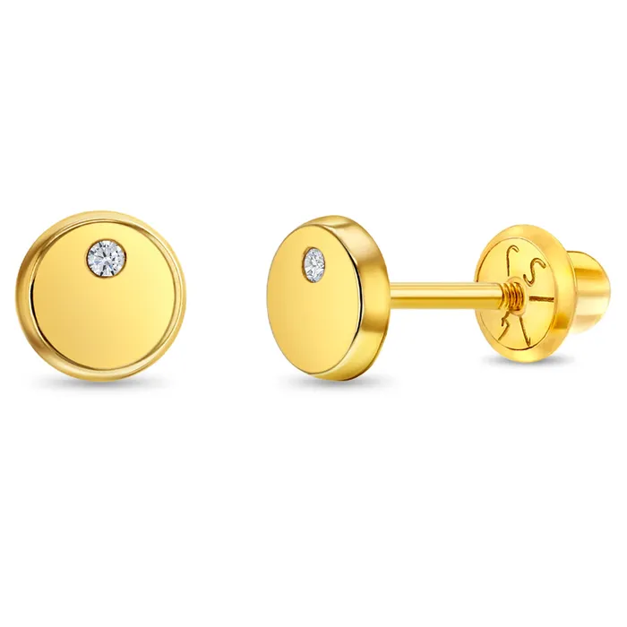 Earrings Baby Screw Back Earrings 14k Gold Round Coin Clear CZ Kids Childrens Girls Earrings Safety Screw Back Earrings Baby Screw Back Earrings 14k Gold Round Coin Clear CZ Kids Childrens Girls Earrings Safety Screw Back