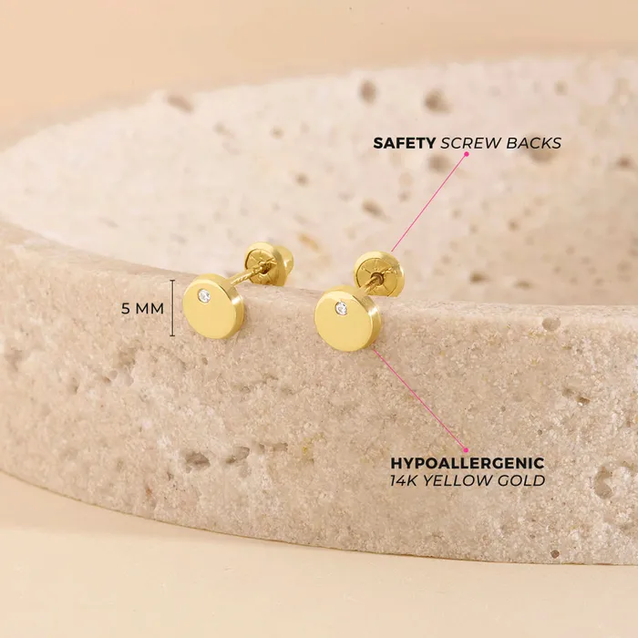 Earrings Baby Screw Back Earrings 14k Gold Round Coin Clear CZ Kids Childrens Girls Earrings Safety Screw Back