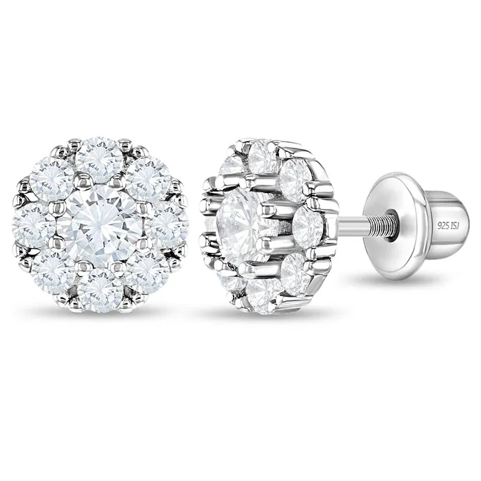 Earrings CZ Encircling Solitaire Kids Childrens Girls Earrings Screw Back Sterling Silver Kids Screw Back Earrings
