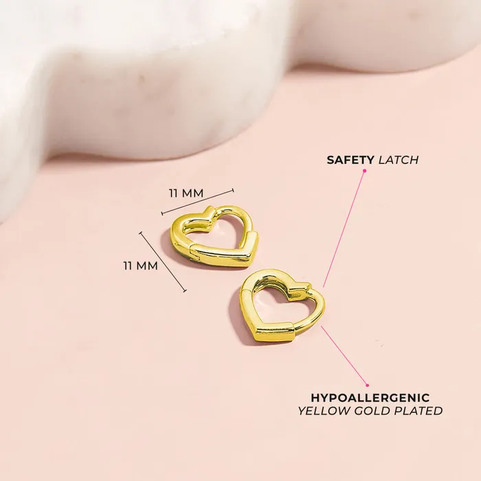 Earrings Heart Shaped 8mm Baby Toddler Kids Earrings HoopHuggie Safety Latch Yellow Gold Plated Sterling Silver Teen Hoop Earrings