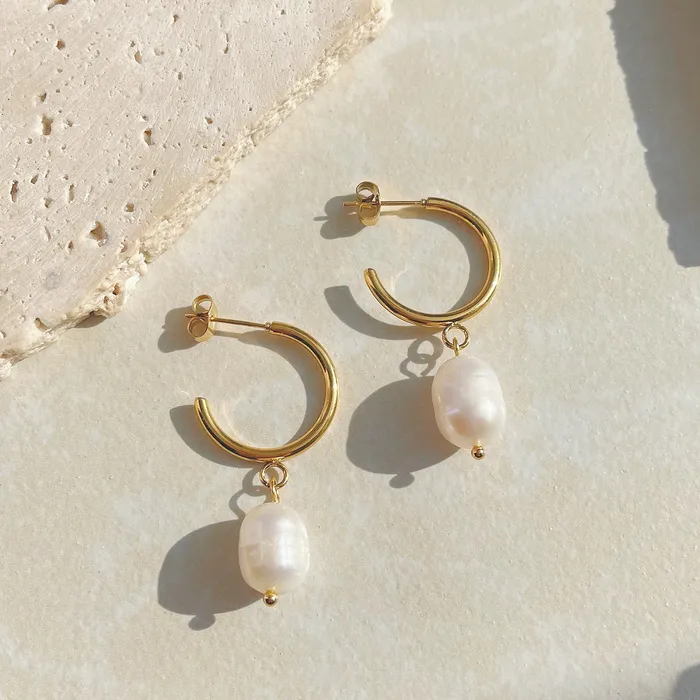 Earrings Refined by AnnaKaci Gold Open Hoop Pearl Earrings