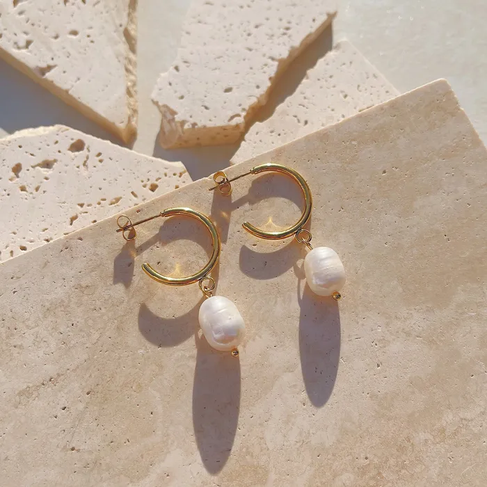 Earrings Refined by AnnaKaci Gold Open Hoop Pearl Earrings