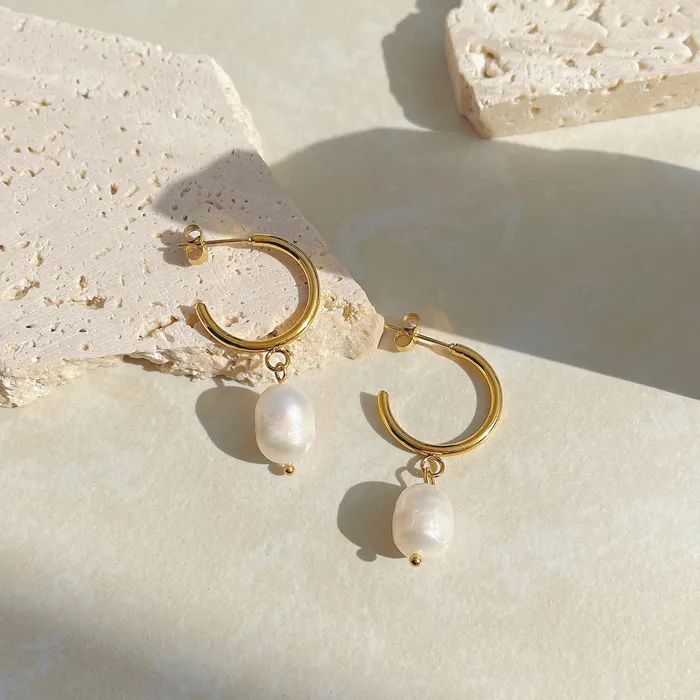 Earrings Refined by AnnaKaci Gold Open Hoop Pearl Earrings
