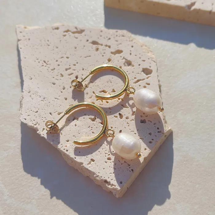 Earrings Refined by AnnaKaci Gold Open Hoop Pearl Earrings