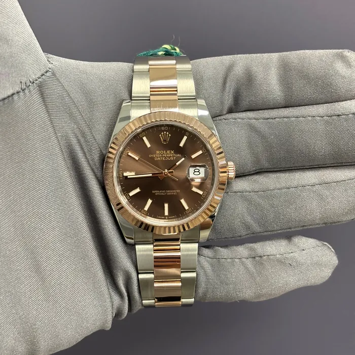 Earrings Rolex Datejust TwoTone Stainless Steel Rose Gold 36mm Chocolate Stick Dial Watch Reference 126231 Happy Jewelers