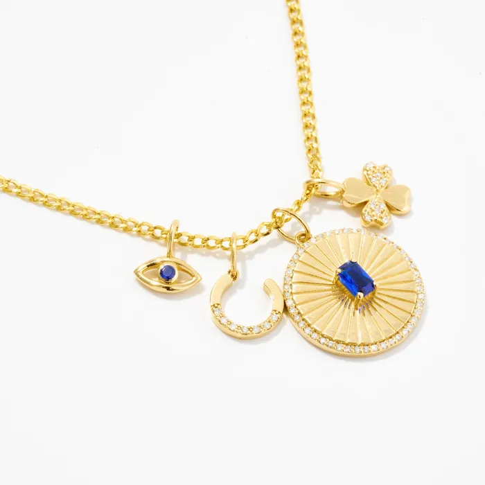Evil Eye Charm with Blue Sapphire Gelin Diamond Charm Necklaces
