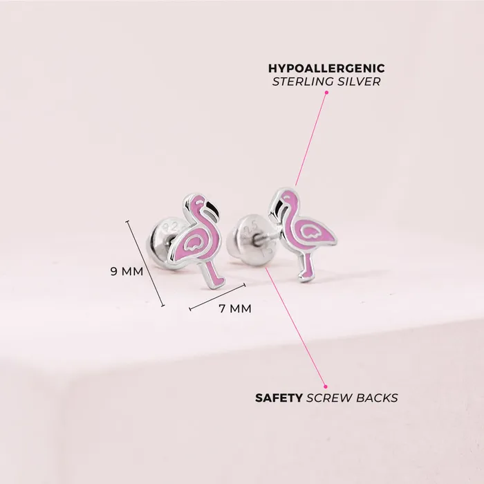 Fancy Flamingo Pink Kids Childrens Girls Earrings Screw Back Enamel Sterling Silver Kids Screw Back Earrings Earrings
