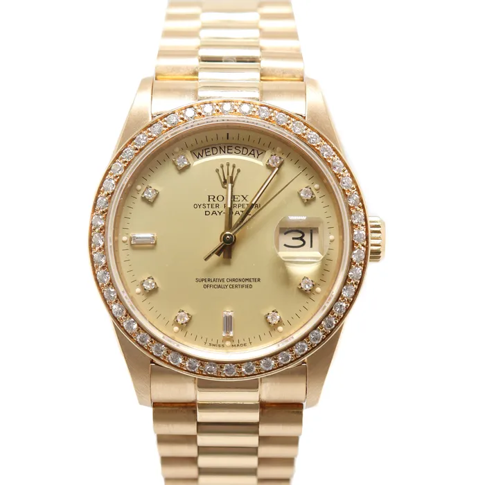 Happy Jewelers Rolex Day Date Yellow Gold 36mm Champagne Diamond Dial Watch Reference 18038 Watches Happy Jewelers Rolex Day Date Yellow Gold 36mm Champagne Diamond Dial Watch Reference 18038 Watches
