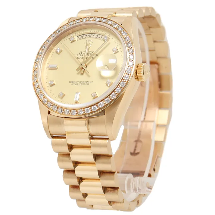 Happy Jewelers Rolex Day Date Yellow Gold 36mm Champagne Diamond Dial Watch Reference 18038 Watches