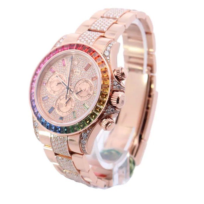 Happy Jewelers Rolex Daytona Factory Rainbow 40mm Rose Gold Factory Pave Diamond Dial Watch Ref 116595RBOW Watches
