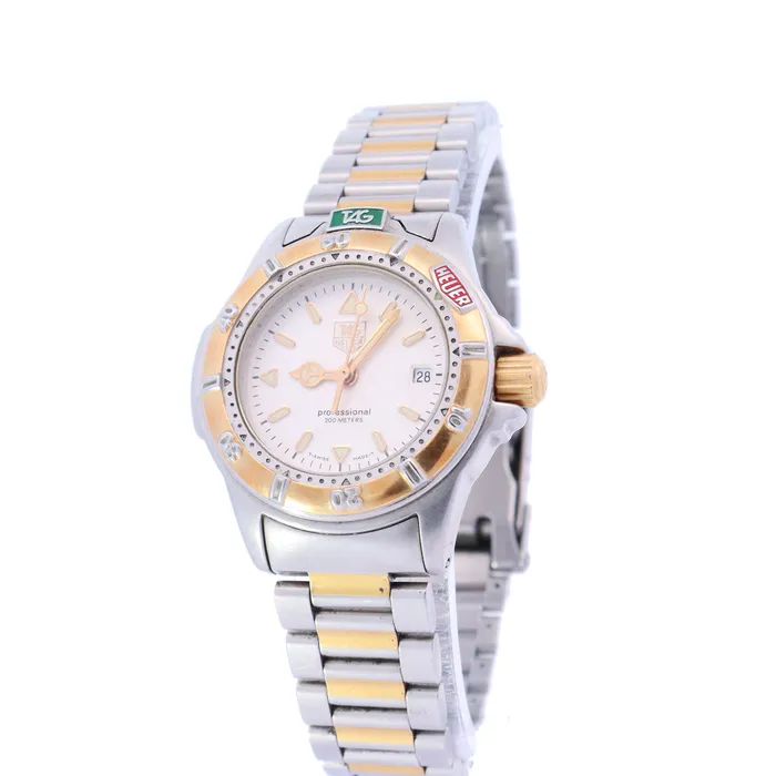 Happy Jewelers Tag Heuer 4000 Yellow Gold and Stainless Steel 28mm White Stick Dial Watch Ref WF1420 Earrings