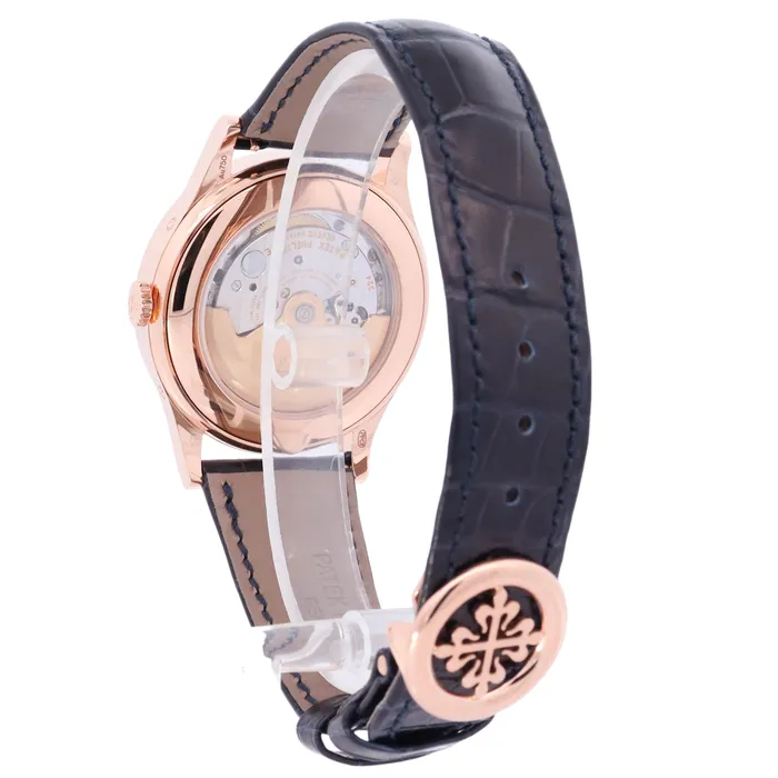 Happy Jewelers Watches Patek Philippe Complications 385mm Rose Gold Blue Baguette Dial Watch Reference 5396R015