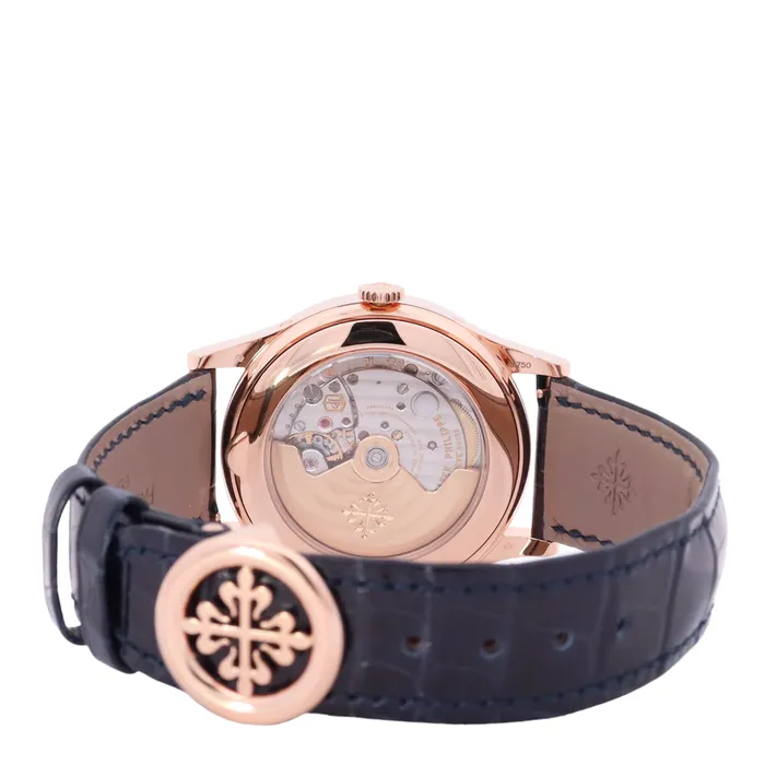 Happy Jewelers Watches Patek Philippe Complications 385mm Rose Gold Blue Baguette Dial Watch Reference 5396R015