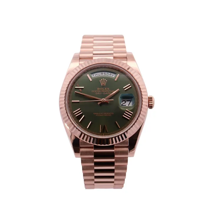 Happy Jewelers Watches Rolex DayDate Rose Gold 40mm Olive Roman Dial Watch Reference 228235