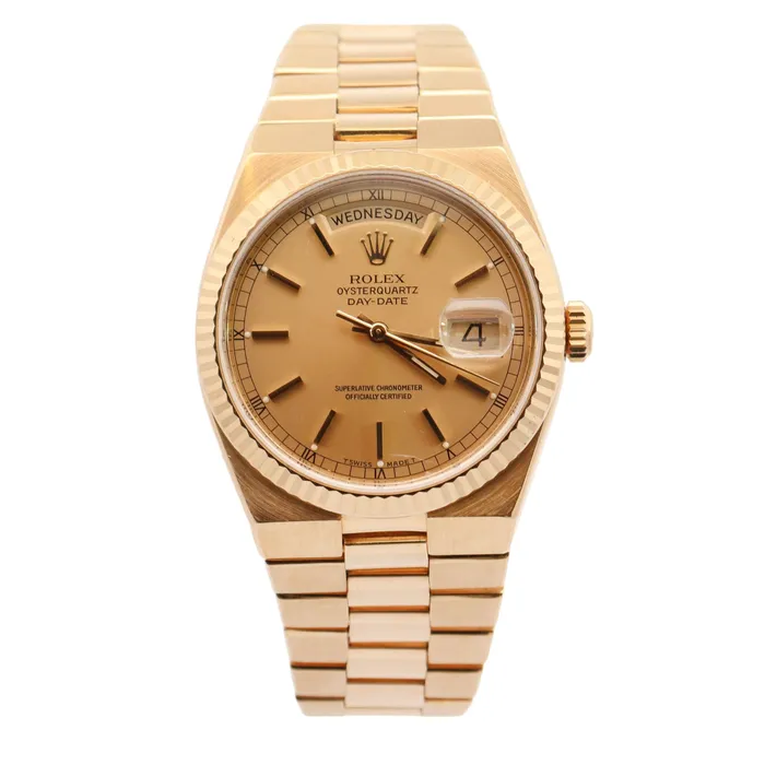Happy Jewelers Watches Rolex Oysterquartz DayDate Yellow Gold 36mm Champagne Stick Dial Watch Reference 19018