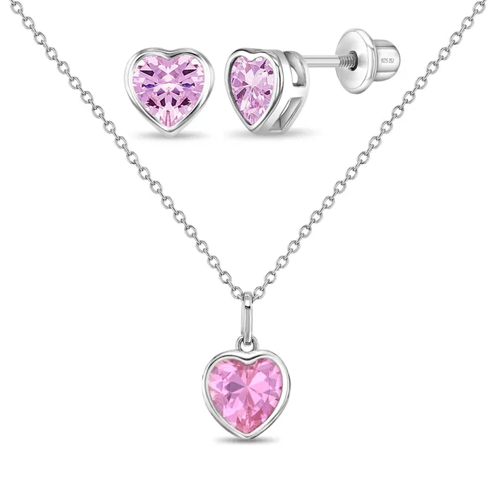 Kids Jewelry Sets Necklaces 925 Sterling Silver Simulated Tourmaline Heart Necklace Jewelry Set For Girls Kids Jewelry Sets Necklaces 925 Sterling Silver Simulated Tourmaline Heart Necklace Jewelry Set For Girls
