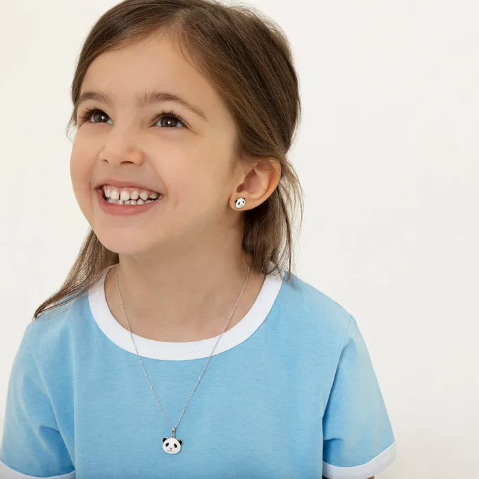 Kids Jewelry Sets Rings 925 Sterling Silver White Black Enamel Panda Bear Jewelry Set for Children Teens
