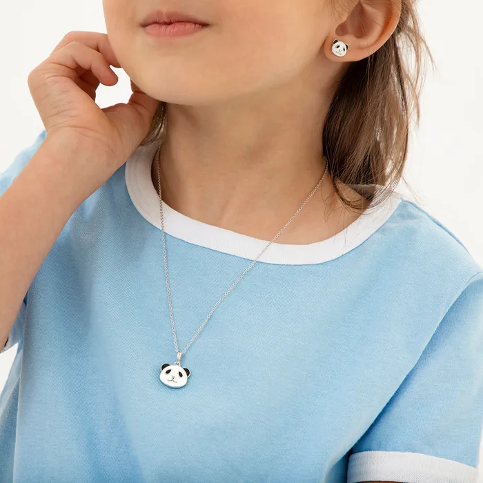 Kids Jewelry Sets Rings 925 Sterling Silver White Black Enamel Panda Bear Jewelry Set for Children Teens