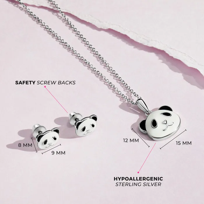 Kids Jewelry Sets Rings 925 Sterling Silver White Black Enamel Panda Bear Jewelry Set for Children Teens