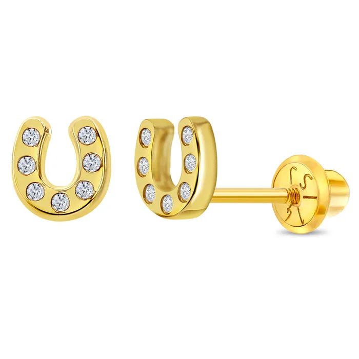 Kids Screw Back Earrings 14k Gold Horseshoe Clear CZ Kids Childrens Girls Earrings Safety Screw Back Earrings Kids Screw Back Earrings 14k Gold Horseshoe Clear CZ Kids Childrens Girls Earrings Safety Screw Back Earrings