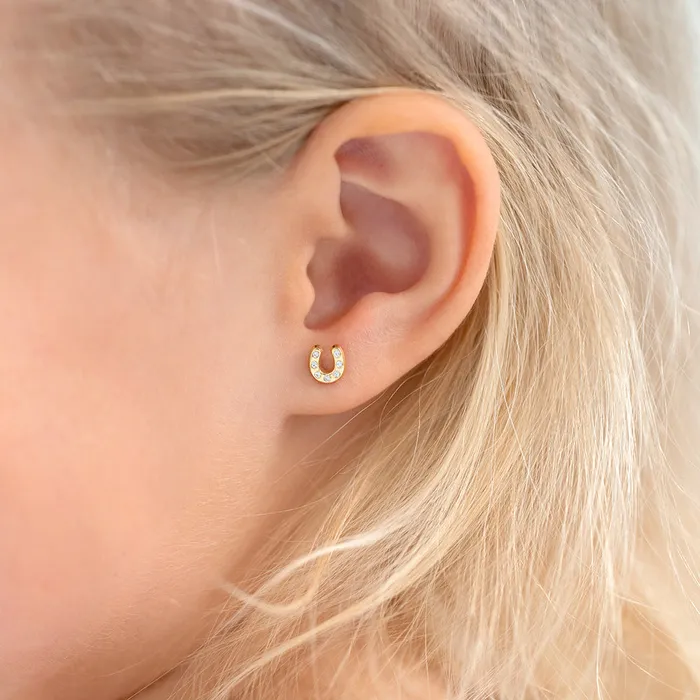 Kids Screw Back Earrings 14k Gold Horseshoe Clear CZ Kids Childrens Girls Earrings Safety Screw Back Earrings