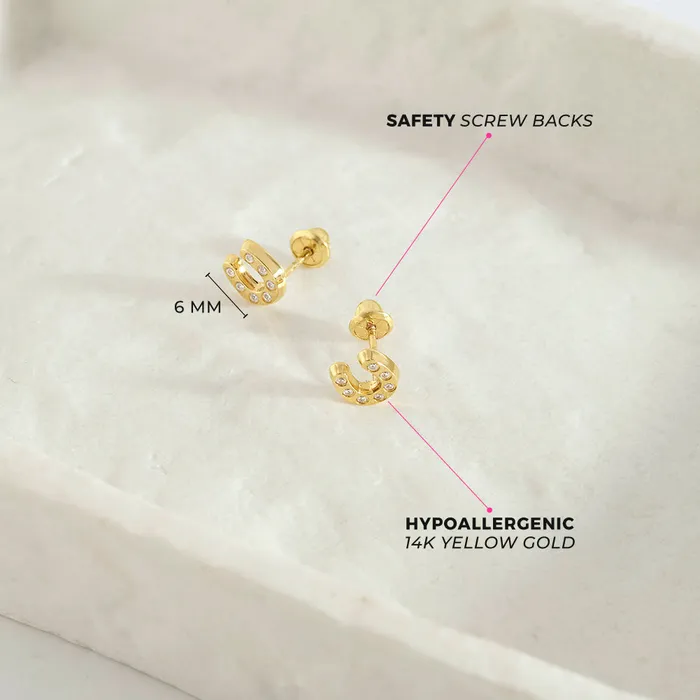 Kids Screw Back Earrings 14k Gold Horseshoe Clear CZ Kids Childrens Girls Earrings Safety Screw Back Earrings