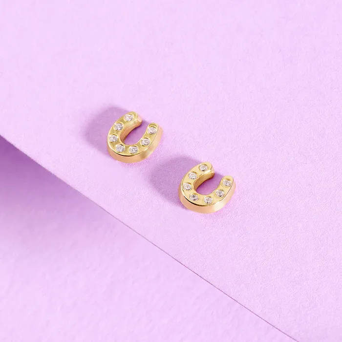 Kids Screw Back Earrings 14k Gold Horseshoe Clear CZ Kids Childrens Girls Earrings Safety Screw Back Earrings