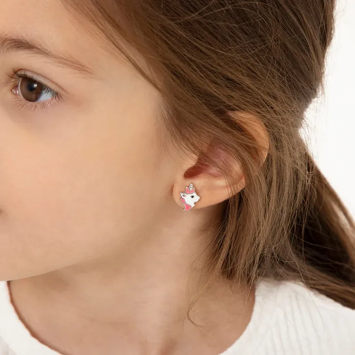 Kids Screw Back Earrings 925 Sterling Silver Majestic Enamel Unicorn Safety Screw Back Earrings for Little Girls Preteens Earrings