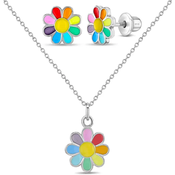 Necklaces 925 Sterling Silver Rainbow Enamel Daisy Necklace Jewelry Set For Young Girls Teen Jewelry Sets Necklaces 925 Sterling Silver Rainbow Enamel Daisy Necklace Jewelry Set For Young Girls Teen Jewelry Sets