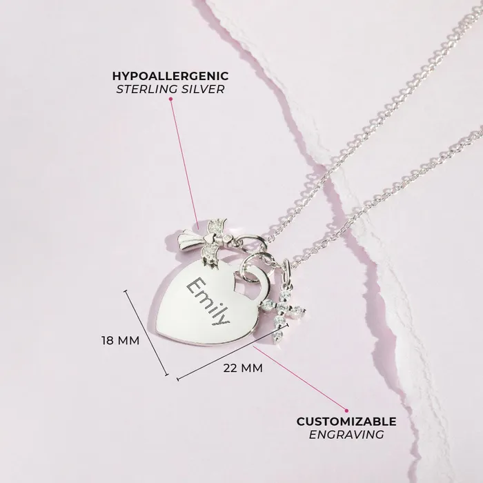 Necklaces Guardian Angel CZ Cross Heart Toddler Kids Girls PendantNecklace Engravable Personalized Sterling Silver Kids Necklaces Pendants