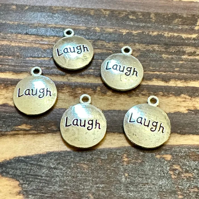 Premium Pewter Charm Necklaces BCB205 Silver Round Charm Laugh 14mm Pkg 5