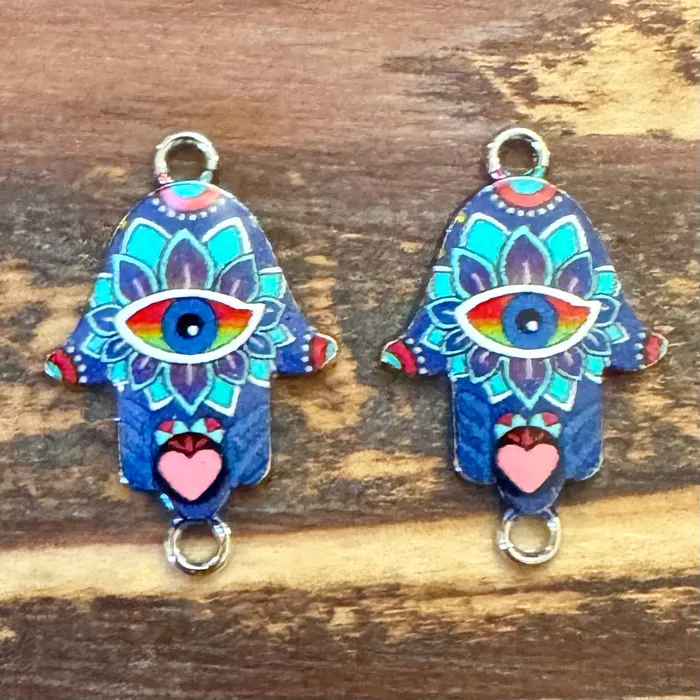 Premium Pewter Necklaces BCB0504 Antique Silver Hamsa Hand Connector Turquoise And Navy Eye 26x17mm Pkg 2 Premium Pewter Necklaces BCB0504 Antique Silver Hamsa Hand Connector Turquoise And Navy Eye 26x17mm Pkg 2