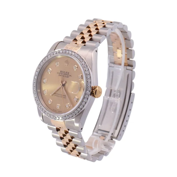 Rings Happy Jewelers Rolex Datejust Two Tone Steel and Yellow Gold 36mm Champagne Diamond Dial Watch Reference 16233